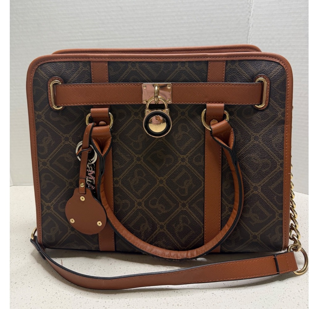 Dasein Brown Monogram Satchel Handbag Padlock Accent Gold Hardware Vegan Leather